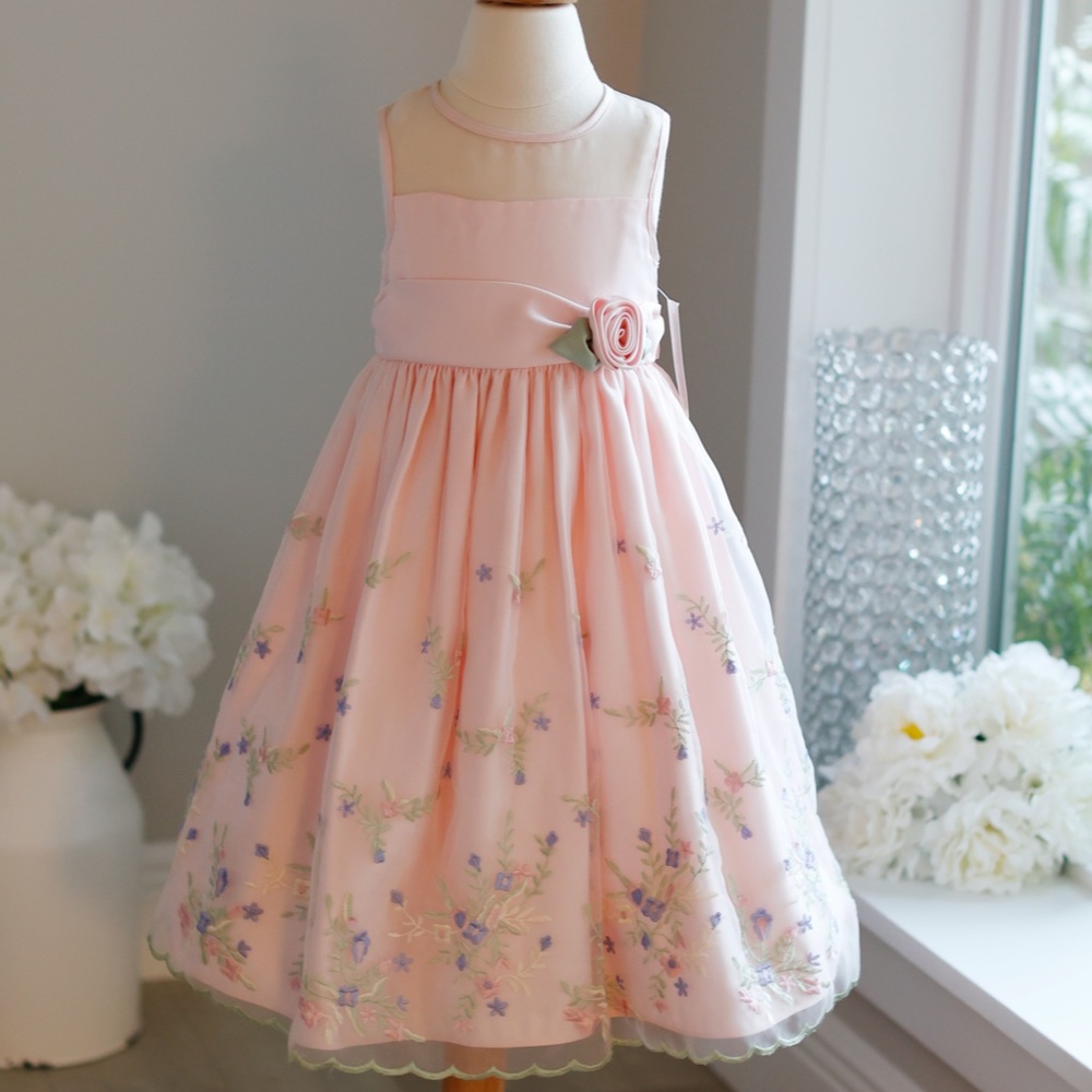 Girls Spring Special Occasion Pink Satin Dress w/ Floral Embroidery tulle size 3